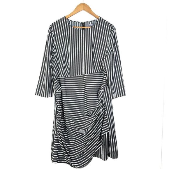Madison Curvy Striped Round Neck 3/4 Sleeve Ruched Side Dress Black Size… - Picture 1 of 9